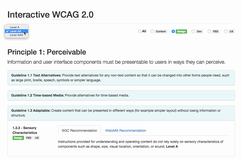 A filtered view of the Interactive WCAG