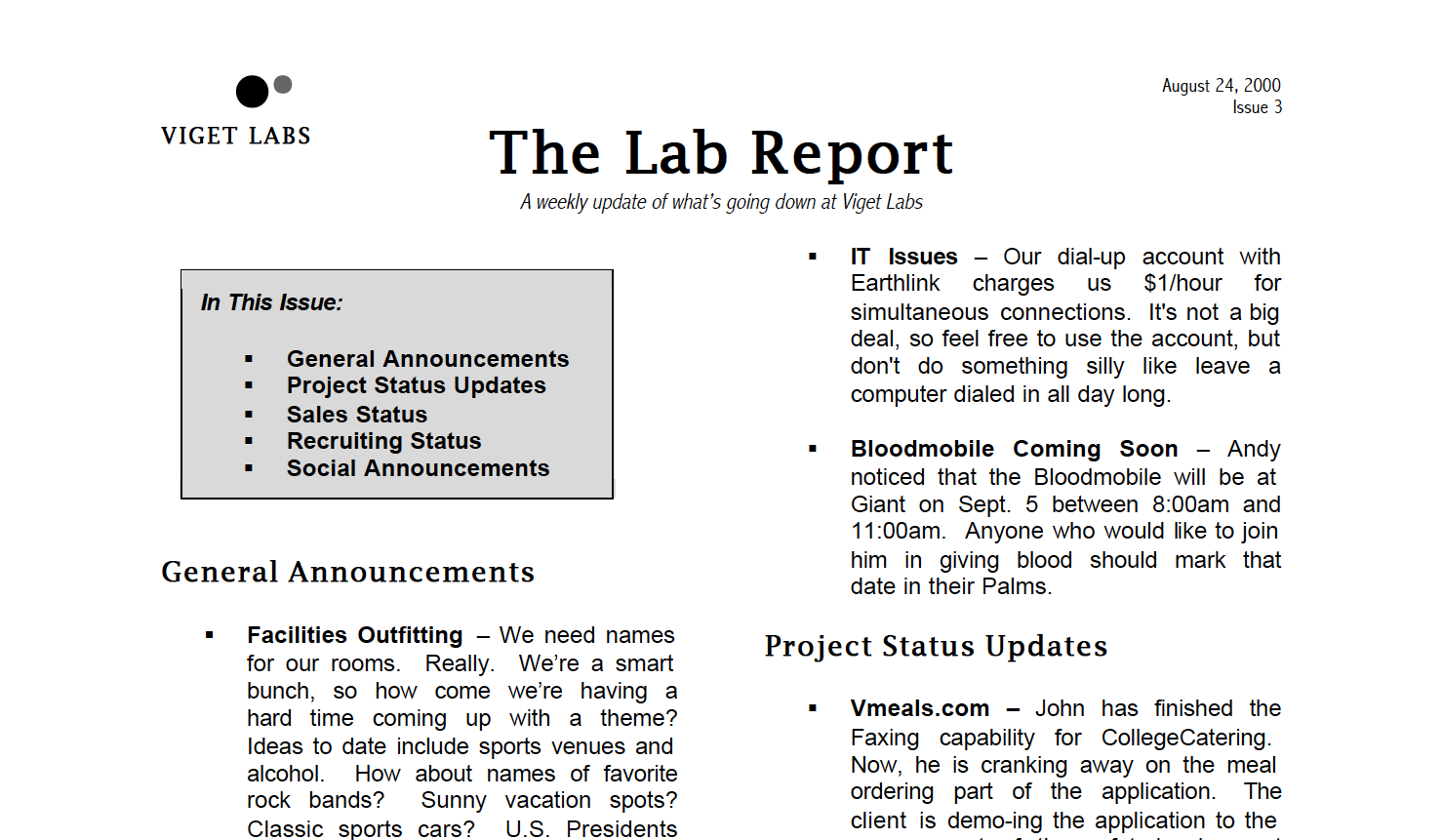 Viget Labs - Third issue of the Lab Report, August 24, 2000